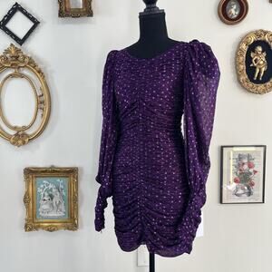 For Love & Lemons Purple Metallic Polka Dot Ruched Puff Sleeve Dress